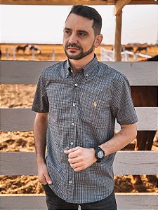 Camisa Ralph Lauren Masculina Manga Curta Custom Fit Xadrez Madras Cinza Pony Laranja