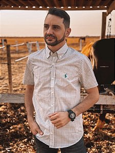 Camisa Ralph Lauren Masculina Manga Curta Custom Fit Xadrez Madras Verde Lima Pony Verde Água