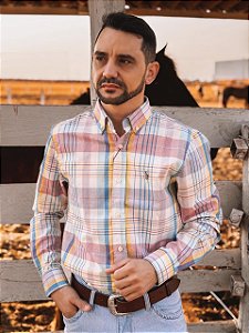 Camisa Ralph Lauren Masculina Manga Longa Custom Fit Xadrez Madras Rosa Pony Colorido