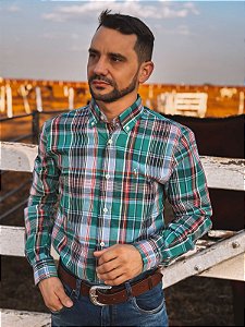 Camisa Ralph Lauren Masculina Manga Longa Custom Fit Xadrez Madras Verde Pony Colorido