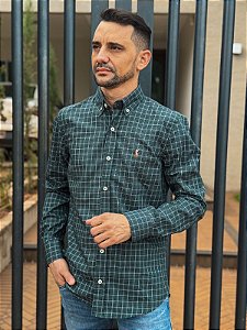 Camisa Ralph Lauren Masculina Manga Longa Custom Fit Xadrez Madras Verde Musgo Pony Colorido