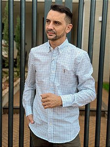 Camisa Ralph Lauren Masculina Manga Longa Custom Fit Xadrez Madras Branca Pony Colorido