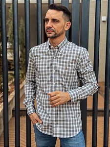 Camisa Ralph Lauren Masculina Manga Longa Custom Fit Xadrez Madras Cinza Pony Colorido