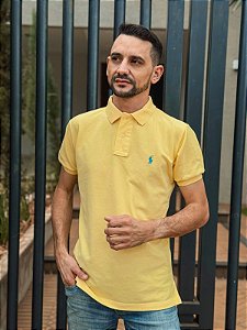 Camisa Polo Ralph Lauren Masculina Custom Fit Amarela Pony Azul Celeste