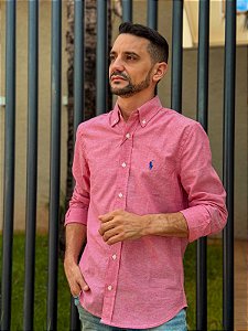 Camisa Linho Puro Vermelha Ralph Lauren Manga Longa Pony Azul Bic