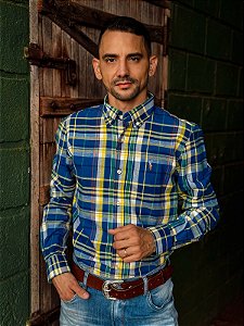 Camisa Oxford Ralph Lauren Masculina Manga Longa Custom Fit Xadrez Madras Azul Bic Pony Colorido