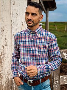 Camisa Oxford Ralph Lauren Masculina Manga Longa Custom Fit Xadrez Madras Rosa/Lima Pony Colorido