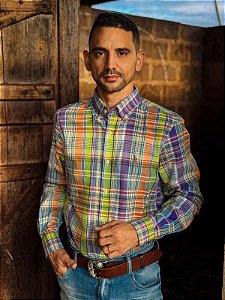 Camisa Oxford Ralph Lauren Masculina Manga Longa Custom Fit Xadrez Madras Roxa/Amarela Pony Colorido