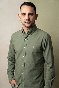 Camisa Ralph Lauren Manga Longa Oxford Verde Oliva Pony Colorido