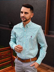 Camisa Ralph Lauren Manga Longa Micro Xadrez Verde Água Pony Roxo
