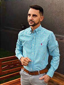 Camisa Ralph Lauren Manga Longa Micro Xadrez Azul Celeste Pony Pink