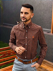 Camisa Ralph Lauren Manga Longa Micro Xadrez Marrom Terra Pony Laranja
