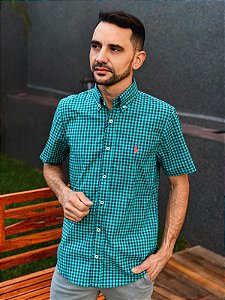 Camisa Ralph Lauren Masculina Manga Curta Custom Fit Micro Xadrez Verde Menta Pony Salmão