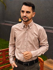 Camisa Ralph Lauren Manga Longa Oxford Tinturada Capuccino Pony Creme