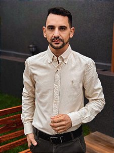 Camisa Ralph Lauren Manga Longa Oxford Tinturada Cru Pony Creme