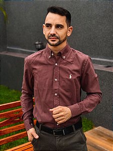 Camisa Ralph Lauren Manga Longa Oxford Tinturada Marrom Pony Creme