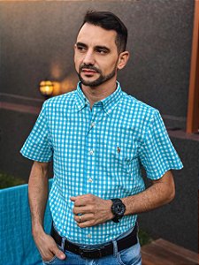 Camisa Ralph Lauren Masculina Manga Curta Oxford Custom Fit Micro Xadrez Azul Celeste Pony Colorido