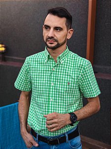 Camisa Ralph Lauren Masculina Manga Curta Oxford Custom Fit Micro Xadrez Verde Lima Pony Colorido