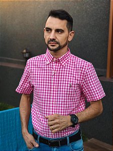 Camisa Ralph Lauren Masculina Manga Curta Oxford Custom Fit Micro Xadrez Pink Pony Colorido