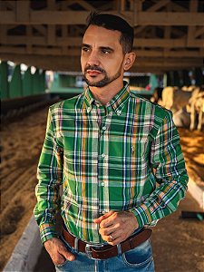 Camisa Oxford Ralph Lauren Masculina Manga Longa Custom Fit Xadrez Madras Verde Folha Pony Colorido