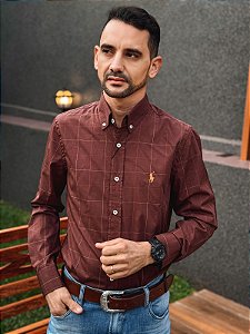 Camisa Ralph Lauren Masculina Manga Longa Custom Fit Xadrez Quadros Marrom Pony Laranja