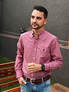Camisa Ralph Lauren Masculina Manga Longa Custom Fit Xadrez Madras Goiaba Pony Azul Bic