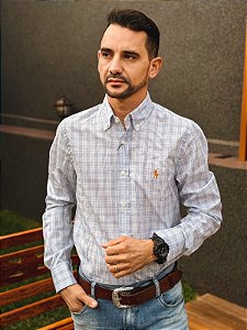Camisa Ralph Lauren Masculina Manga Longa Custom Fit Xadrez Madras Branca Pony Laranja