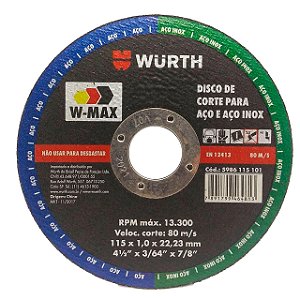 Disco de Corte para Aço e Aço Inox 4.1/2'' 115 x 1,0 x 22,23 mm Wurth W-Max