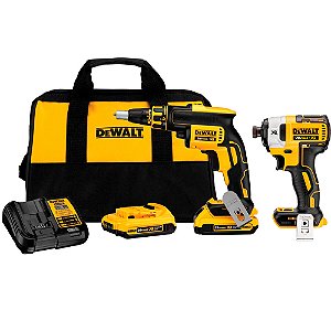 Kit Parafusadeira Drywall 1/4'' Brushless 2 Baterias 20V 2Ah DCF620 + Parafusadeira de Impacto 1/4'' 20V 205Nm DCF887 Dewalt