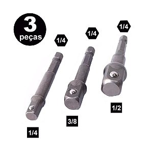 Jogo de Adaptador de Soquete para Parafusadeira 1/4'' x Medidas 1/4'' 3/8'' 1/2'' com 3 Peças Atopy