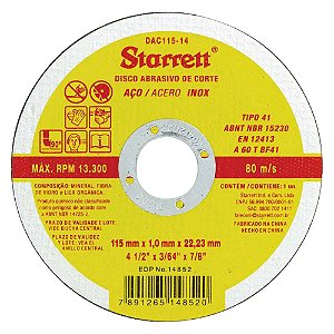 Disco de Corte Ferro 115mm x 1mm x 22,23mm DAC115-14 Starrett