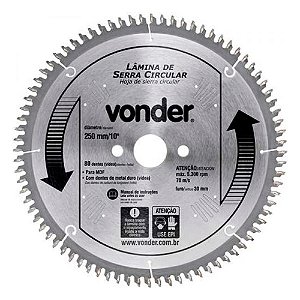 Disco Lâmina de Serra Circular para Madeira MDF 10 Polegadas 250mm x 30mm x 80 Dentes Metal Duro Vonder