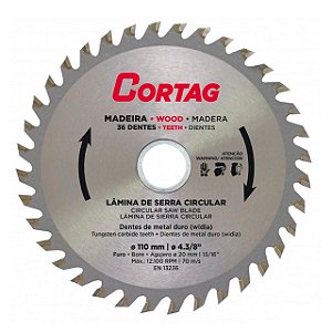 Disco Lâmina de Serra Vídea para Madeira MDF 4.3/8" 110mm x 20mm x 36 Dentes Cortag 60879