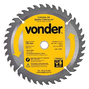 Disco Lâmina de Serra Circular para Madeira 7.1/4 Polegadas 185mm x 20mm x 40 Dentes Vonder
