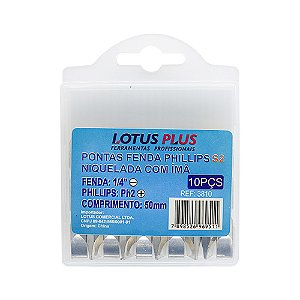Jogo de 10 Ponteiras PH2 Phillips S2 e Fenda 1/4'' com Imã 50mm Lotus 3810