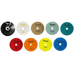 Jogo de Lixa Diamantada Brilho D’água com Velcro Multigrãos + Buff + Suporte de Fixação 100mm Cortag 9 Peças