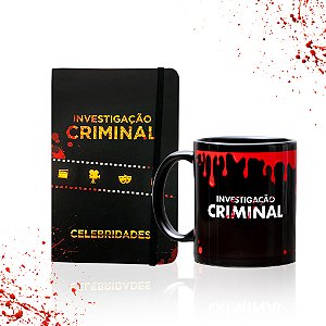 AGENDA DE NOTAS INVESTIGAÇÃO CRIMINAL CELEBRIDADES 12X18CM + CANECA INVESTIGAÇÃO CRIMINAL