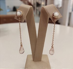 Brincos Gotas de Quartzo Rosa Ouro