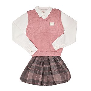 CONJ CAMISA COLETE E SAIA XADREZ BALONE