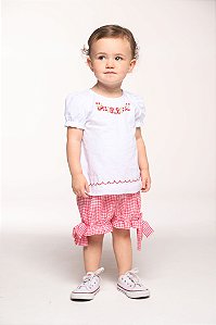 Conjunto shorts xadrez e bata bordada