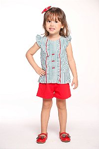 Conjunto shorts de moletinho com blusa listrada