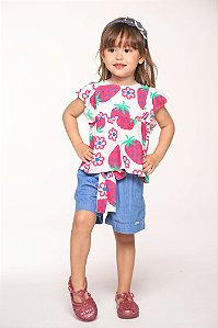 Conjunto shorts e bata viscose morango