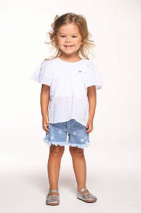 Conjunto shorts jeans bordado com bata de