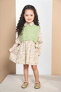 CONJ VESTIDO FLORZINHA COM COLETE DE TRICO