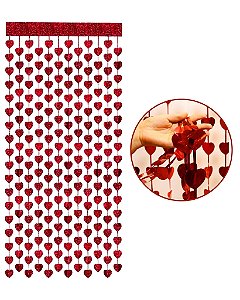 CORTINA DECORATIVA METALIZADA 1X2m - CORAÇÃO VERMELHO