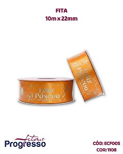 FITA DE CETIM LARANJA DECORADA - FELIZ PÁSCOA - FITAS PROGRESSO