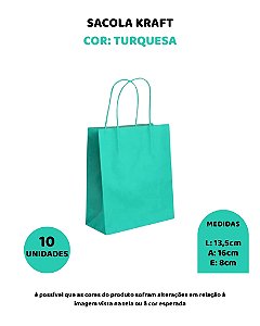 SACOLA KRAFT C/10UN TURQUESA - 13,5X8X16cm