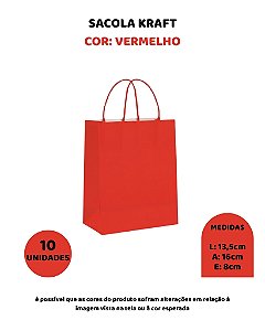 SACOLA KRAFT C/10UN VERMELHA - 13,5X8X16cm
