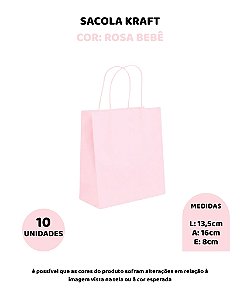 SACOLA KRAFT C/10UN ROSA BEBÊ - 13,5X8X16cm