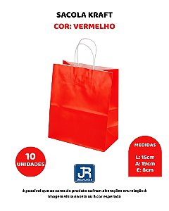SACOLA KRAFT C/10UN VERMELHA 15X8X19cm - JR EMBAHLAGEM
